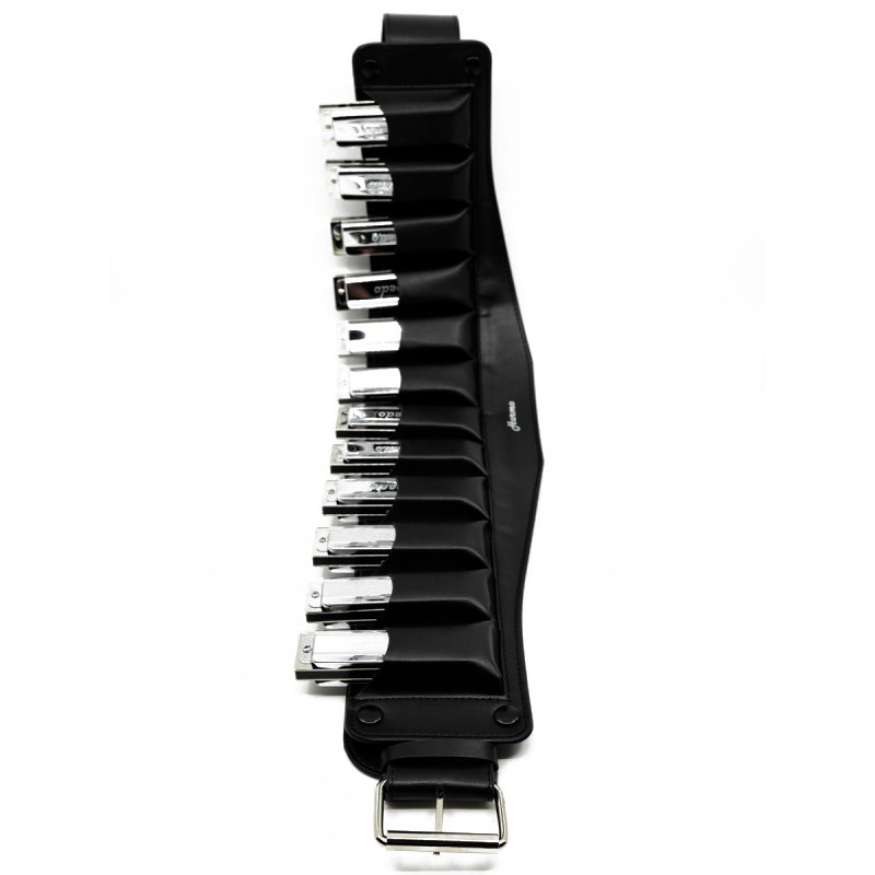 Harmonica belt holding 12 diatonic harmonicas from Hohner, Seydel, Suzuki, Harmo, Easttop, Dabbell, Hering, Lee Oskar