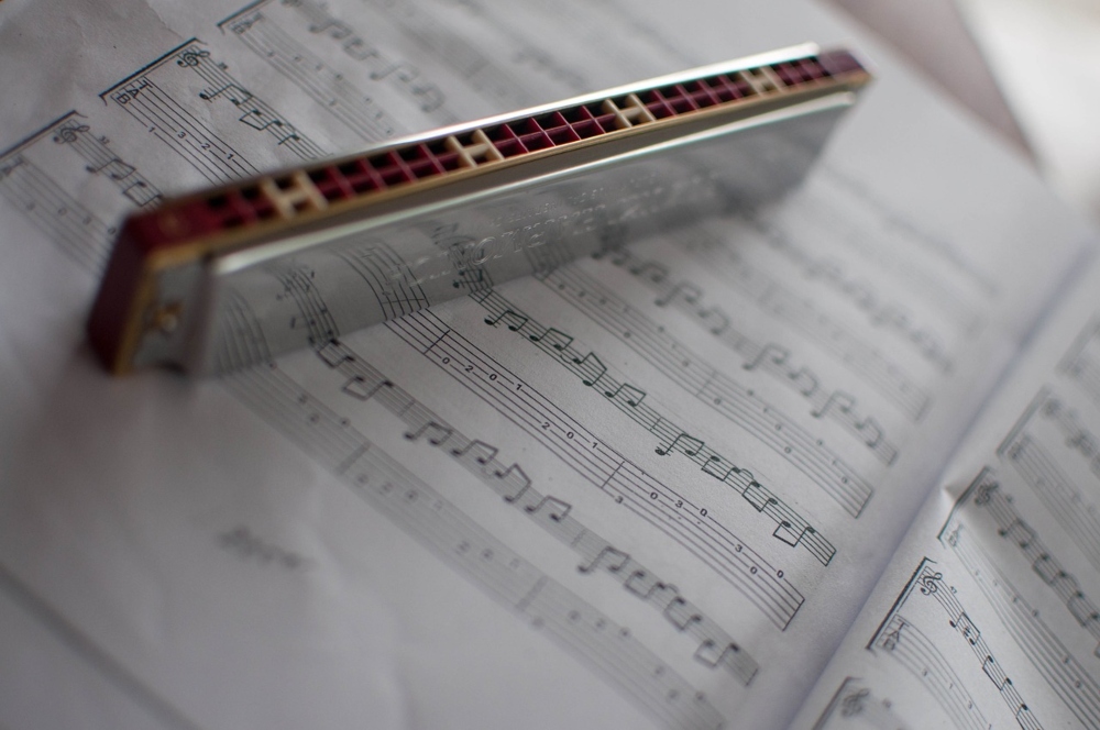 A close-up of a harmonica placed on a music sheet.