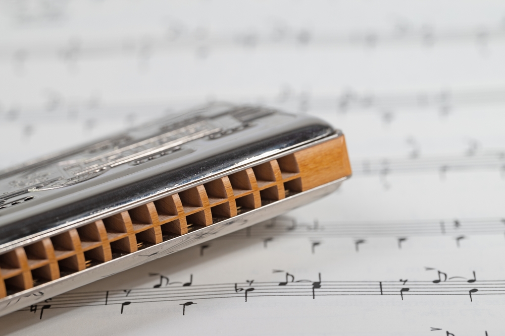 Harmonica placed on a sheet of music notes.